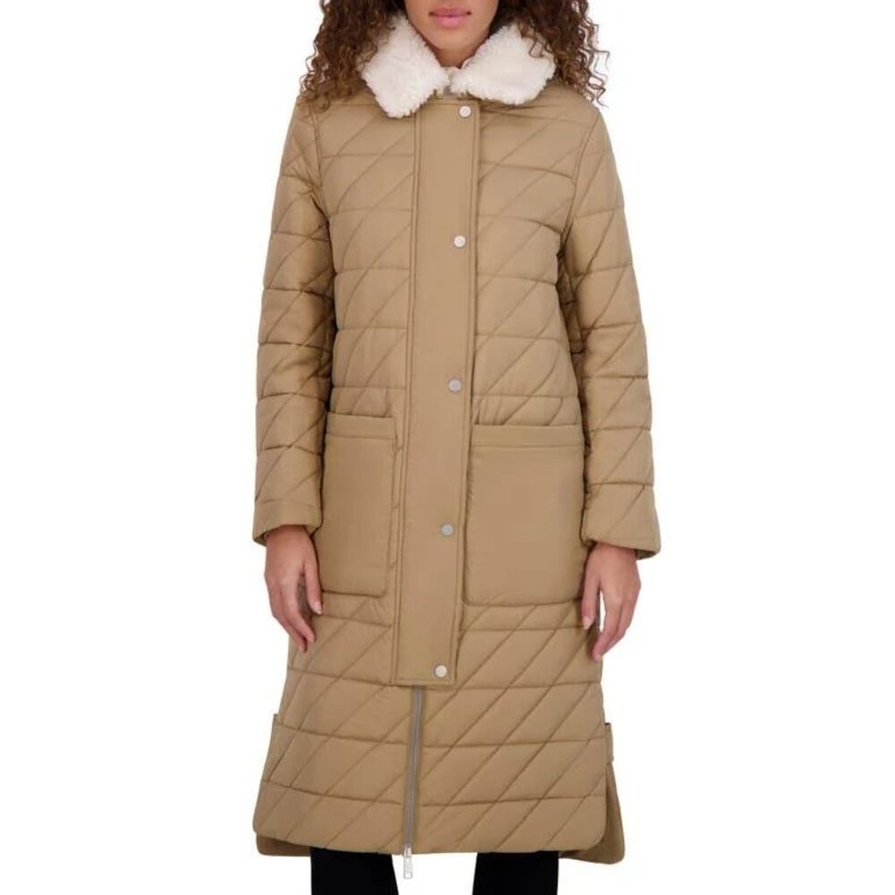 NEW Andrew Marc Women Maxine Khaki Faux Shearling Collar Long Zip Quilted Coat